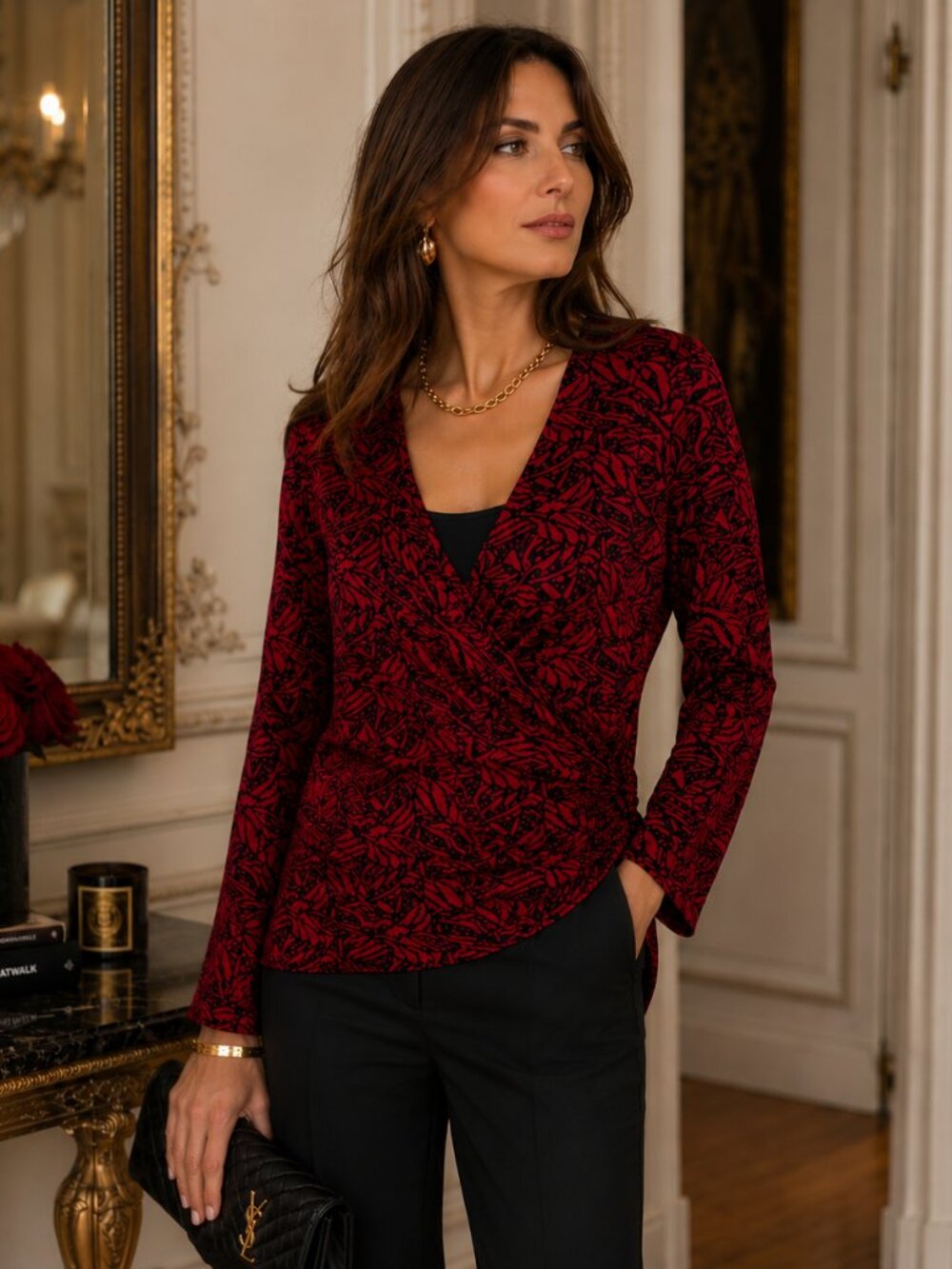 Soft‎ Surroundings Wrap Blouse Women's L Red Black Surplice V Neck Boho Chic